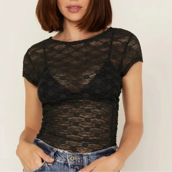 Free People NWOT Keep it Simple Lace Baby Tee - Picture 6 of 10